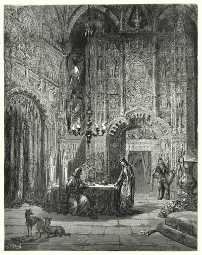 Another damsel comes into the room, and begins to inform him what castle that is, and how she is enchanted in it by Gustave Dore