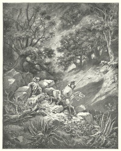 But pray, sir, quoth Sancho, is it a good law of chivalry that says we shall wander up and down, over bushes and briars, in this rocky wilderness? by Gustave Dore