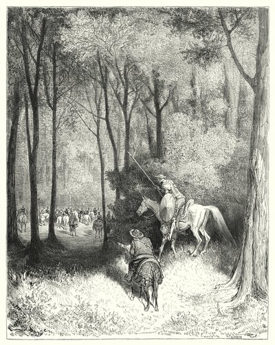 Don Quixote descried a company, whom, upon a nearer view, he judged to be persons of quality by Gustave Dore
