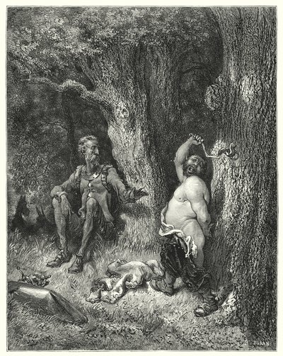 Hold! cried he; friend Sancho, stay the fury of thy arm by Gustave Dore