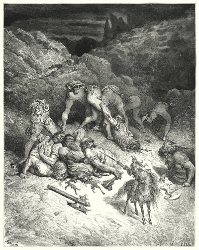 How Felixmarte cut off five giants by the middle by Gustave Dore