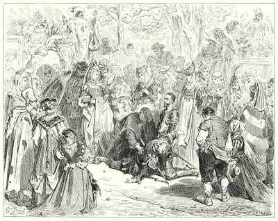 Don Quixote: "The poor virgin, trembling and dismayed without speaking a word, came to poor Basil" (engraving) by Gustave Dore