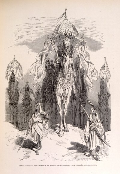 Illustration of an oriental camel train with servants and carriage by Gustave Dore
