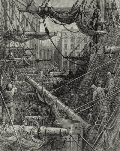 In the London Docks. Engraving: Gustave Doré. From: 