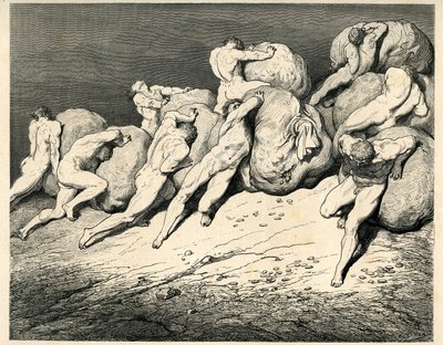 In the fourth circle of Hell, under which Pluto (Hades) presides, the Avares and the Prodigans carry and roll heavy burdens (rocks), colliding with anger. Engraving from The Hell by Dante Alighieri (the Divine Comedie) illustrated by Gustave Dore. French e by Gustave Dore