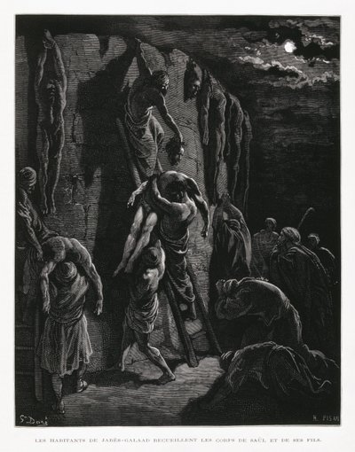 Jabesh-Gileadites Recover the Bodies of Saul and His Sons, Illustration from the Dore Bible by Gustave Dore