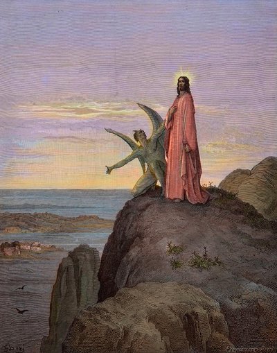 Jesus in the desert, subjected to the temptation of the devil - The temptation of Christ - Satan tempted Jesus - engraving by Gustave Dore - later colouring by Gustave Dore