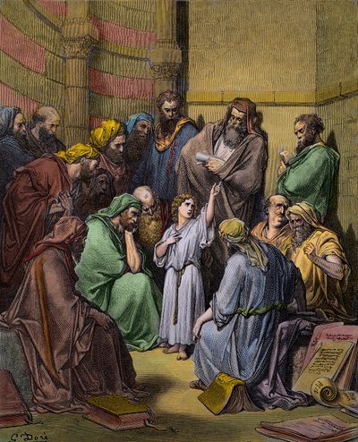 Jesus with the Doctors in the Temple - Jesus at the Temple among the Doctors - engraving by Gustave Dore - later colouring by Gustave Dore