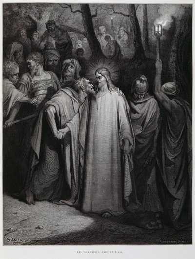 Judas Betrays Jesus with a Kiss; Illustration from the Dore Bible by Gustave Dore