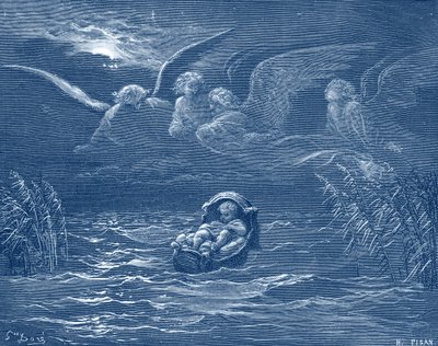 Moses on the River Nile (engraving) - Bible by Gustave Dore