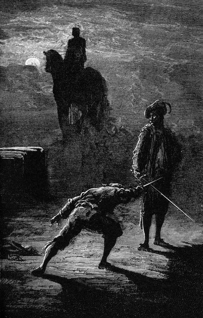 Night duel in the moonlight between Baron de Sigognac and Jacquemin Lampourde (engraving by Gustave Dore) by Gustave Dore