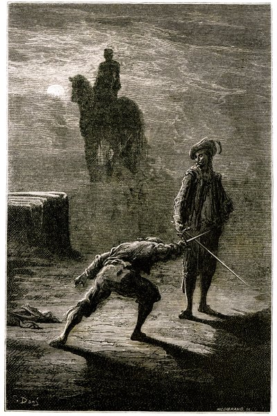 Night Duel in the Moonlight Between Baron de Sigognac and Jacquemin Lampourde, Under the Equestrian Statue of the King of Bronze. Engraving by Gustave Dore Illustrating Theophile Gautier