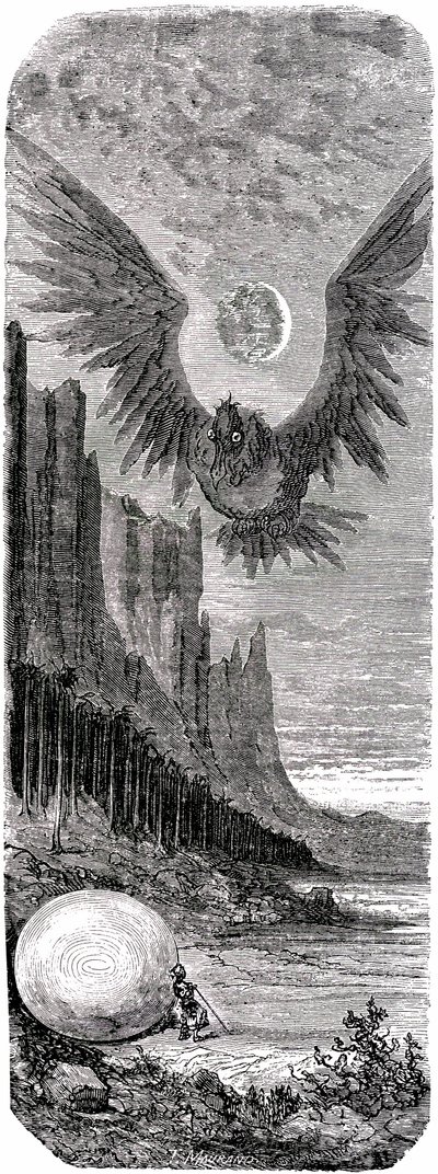 Sindbad the sailor - tale of the thousand and one nights - illustration by Gustave Dore - edition Maxwell 1865 - Second voyage: Sindbad having discovered on an island a huge egg of the gigantic bird Roc is attacked by this giant bird by Gustave Dore