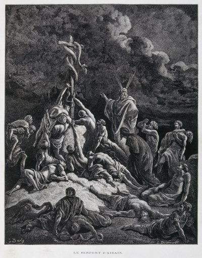 Moses Made a Bronze Snake and Put It Up on a Pole, Numbers 21:7, Illustration from the Dore Bible by Gustave Dore