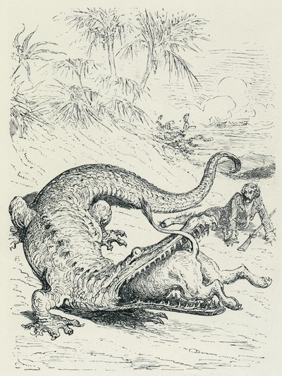 The Adventures of the Baron of Munchausen: The fearless Baron of Munchausen pursued by a lion crosses the path of a huge crocodile that will devour the lion. Illustration by Gustave Doré by Gustave Dore