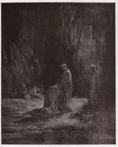 The Divine Comedy, Purgatorio, Canto 7: The poet Sordello, astonished, kneels before Virgil - by Dante Alighieri - Illustration by Gustave Doré by Gustave Dore