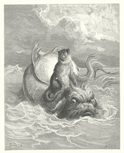 The Fables of La Fontaine: The Monkey and the Dolphin (engraving) by Gustave Dore