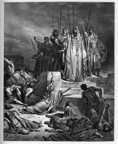 The Famine in Samaria - Old Testament: Siege of Samaria. The King of Syria besieges the city of Samaria, and reduced it to a dreadful famine - engraving in 