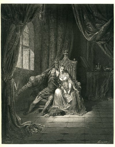 The Hell of Dante Alighieri (the Divine Comedy) illustrated by Gustave Dore. French edition of 1861. Francesca da Rimini and her lover: "Quel giorno piu non vi leggemo avante. (This day we do not read further)", chant 5. v. 138 by Gustave Dore
