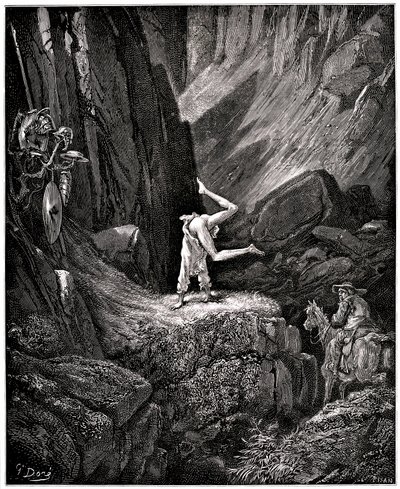 The Ingenious Hidalgo Don Quixote de la Mancha (Quixote - Quijote) by Miguel de Cervantes (1547-1616): the knight of the sad figure made cabrioles “putting naked certain things that Sancho, in order not to see them, hastened to turn around, satisfied to se by Gustave Dore
