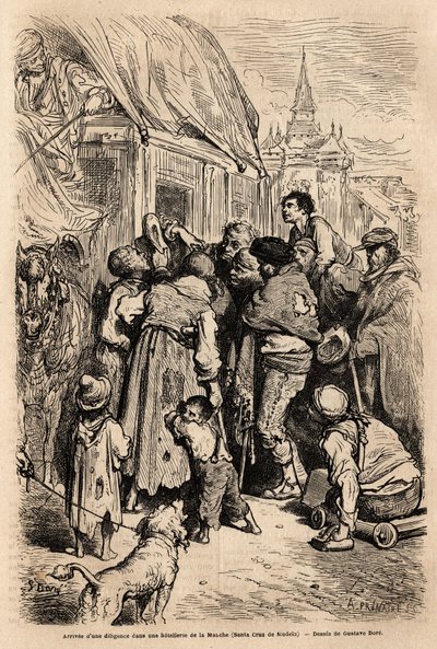 The arrival of the diligence in a hotel in Santa Cruz de modela (Mancha province), assaulted by beggars calling for alms. Drawing by Gustave Dore (1832-1883). Engraving to illustrate the voyage in Spain, in 1862 by Charles Davillier and Gustave Dore, in by Gustave Dore
