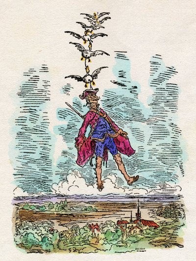 The ducks raise in the air the Baron of Munchausen. Illustration by Gustave Dore for 
