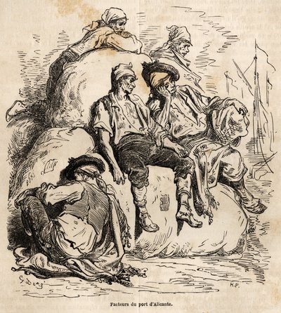 The nap of the carriers of the port of Alicante, sketch made on the lively by Gustave Dore, to illustrate his journey to Spain, in 1862, with Ch. Davillier. Engraving in 