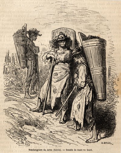 The pickers of Xeres. Drawing by Gustave Dore, to illustrate his trip to Spain in 1862, with Ch. Davillier. Engraving in Le tour du monde, edited by Edouard Charton by Gustave Dore