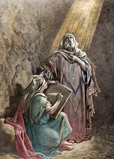 The prophet Jeremiah dictating his prophecies to Baruch - Colored engraving by Pannemacker, from the Bible of Gustave Dore by Gustave Dore