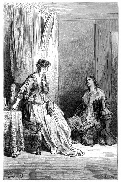Vallombreuse kneels before Isabelle, whom he is in love with. Engraving by Gustave Dore illustrating Theophile Gautier