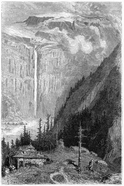 Waterfall of Cirque de Gavarnie Seen from the Inn: Engraving by Gustave Dore Illustrating the Book 