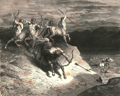 We to those beasts, that rapid strode along, drew near, when Chiron took an arrow forth by Gustave Dore