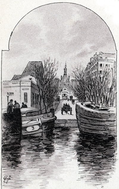 View of the Hospital Saint-Louis in Paris from Canal Saint-Martin, Paris. Drawing by Gustave Fraipont from 