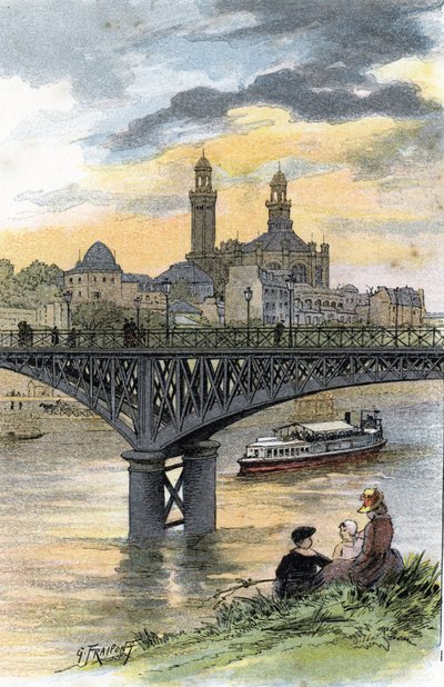 View of the footbridge of Passy (now bridge of Bir Hakeim) in Paris by Gustave Fraipont