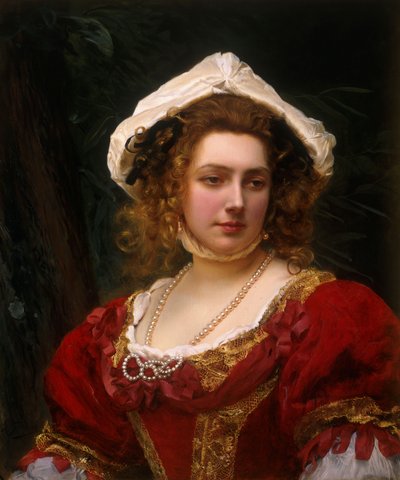 Portrait of an Elegant Lady in a Red Velvet Dress by Gustave Jacquet
