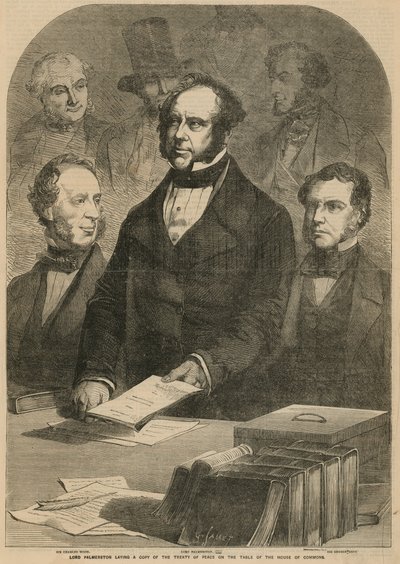 Lord Palmerston laying a copy of the Treaty of Peace on the table of the House of Commons by Gustave Janet
