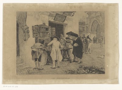 Men Gathered Around the Display of a Bookseller (title: Les Bibliophiles) by Gustave Marie Greux