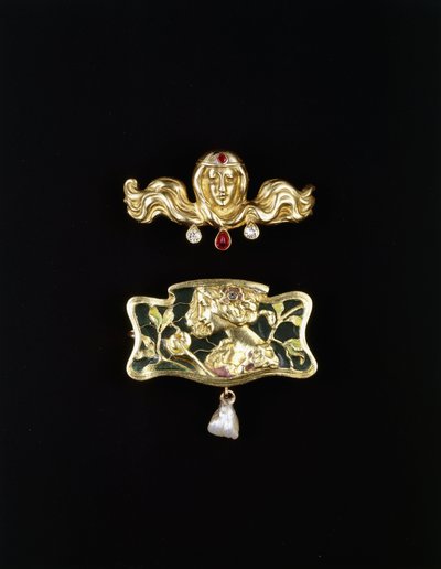 An Art Nouveau Brooch by Gustave-Roger Sandoz, and an Art Nouveau Brooch Shaped Metal Set with Plique a Jour and a Pearl Drop, Gold Coloured Brooch and Precious Stones, c.1900 by Gustave Roger Sandoz