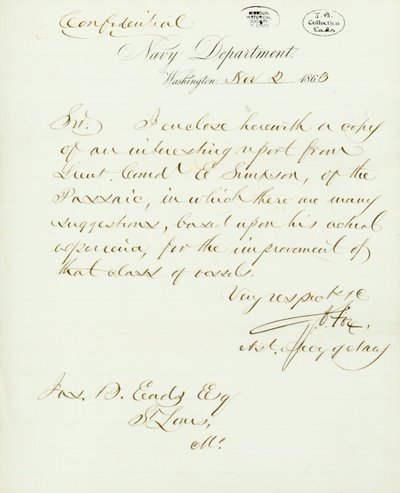 Letter signed G.V. Fox, Navy Department, Washington, to Jas. B. Eads [James B. Eads], St. Louis, Mo., November 2, 1863 by Gustavus Vasa Fox