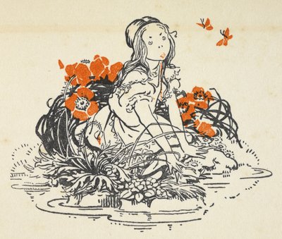 Illustration of Alice beside a pool surrounded by poppies and butterflies by Gwynedd M. Hudson