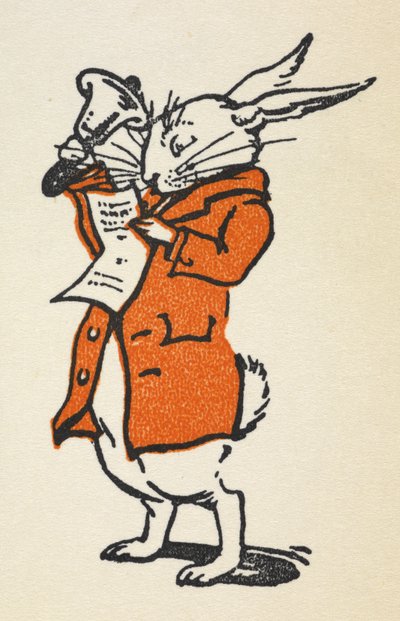 Illustration of the White Rabbit in a red jacket ringing a large bell and reading by Gwynedd M. Hudson
