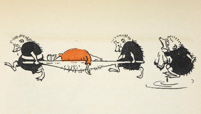 Illustration of two hedgehogs carrying an injured croquet player being followed by another weeping hedgehog by Gwynedd M. Hudson