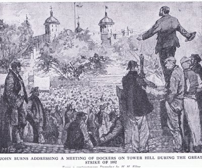 John Burns addressing a meeting of dockers on Tower Hill during the Great Strike of 1892 by H. H. Flere