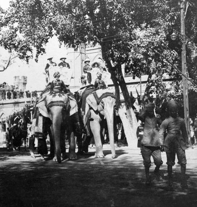 Viceregal Staff and His Daughter Taking Part in the Elephant Procession, Delhi, India, 1900s by H. Hands and Son