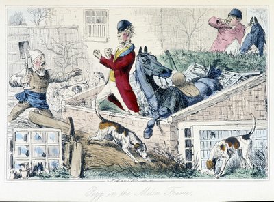 Fight between a farmer and a hunter. English caricature on the fox hunt from the adventures of Thomas Scott or Hawbuck Grange, illustration by H.K. Browne and W.T. Maud by Hablot Knight Browne