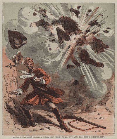 Baron Munchausen shoots a bear, very much to his own and the bear