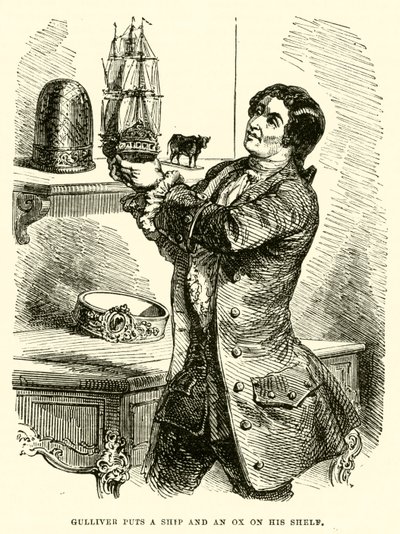 Gulliver puts a ship and an ox on his shelf (engraving) by after Hablot Knight Browne