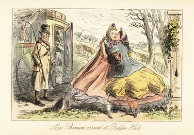 Ladies in Crinolines Embracing in Front of a Gate by after Hablot Knight Browne