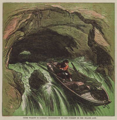 Peter Wilkins is carried underground by the current to the Inland Lake by after Hablot Knight Browne