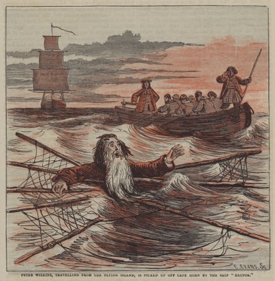 Peter Wilkins, travelling from the Flying Island, is picked up off Cape Horn by the ship Hector by after Hablot Knight Browne